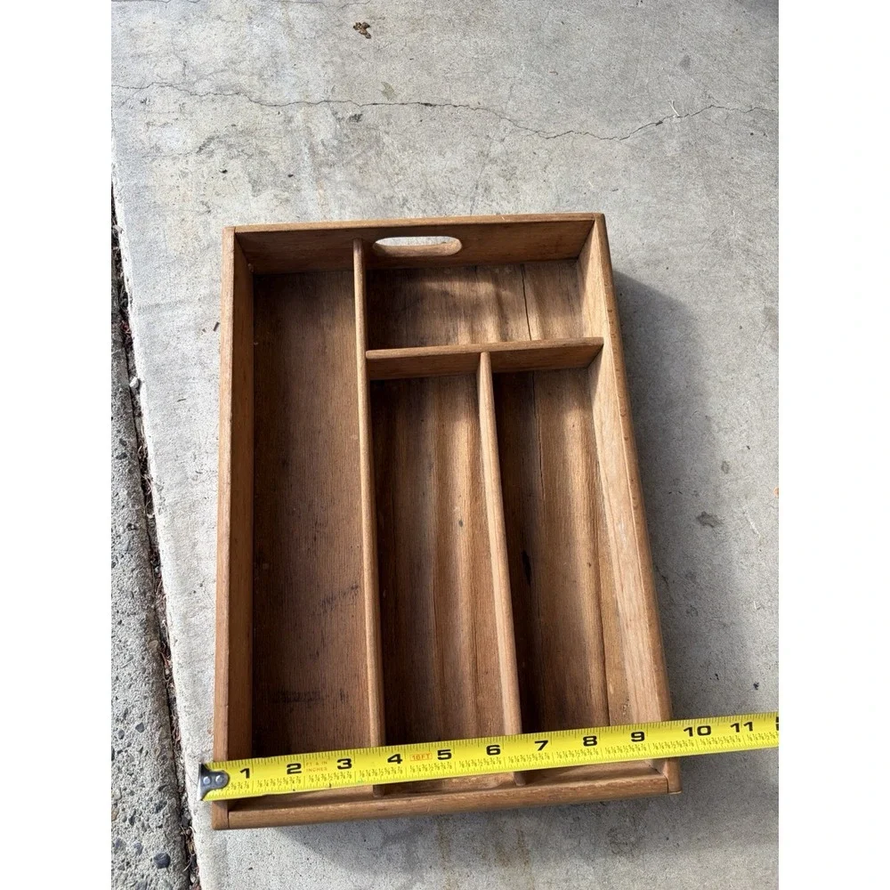 Vintage Wooden Trinket Riser Organizer Utensil Divider Tray Primitive Dovetail